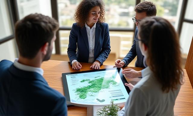 Consultants reviewing a site plan for ecological impact mitigation